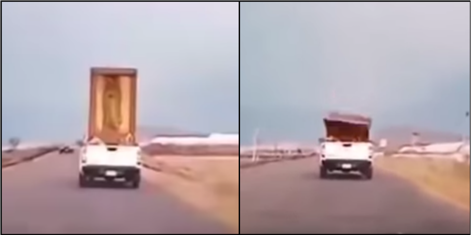 Cuadro de la Virgen de Guadalupe cae de una camioneta y reacción de mujer se vuelve viral. Foto: Especial