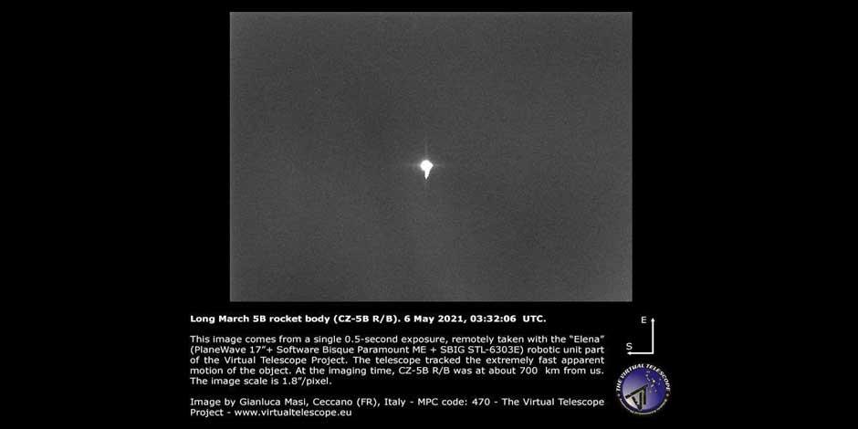 Imagen del cohete chino Long March 5B, captada por un telescopio robótico