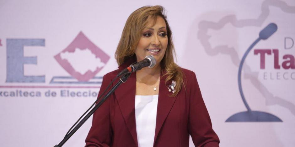 La candidata de la coalición "Juntos haremos historia en Tlaxcala", Lorena Cuellar, durante el debate, ayer.
