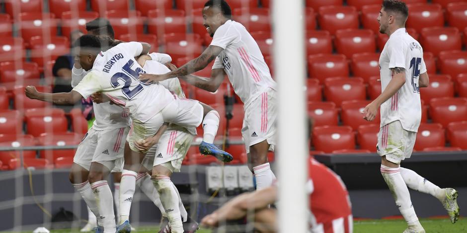Jugadores del Real Madrid festejan su gol contra el Athletic de Bilbao en la Jornada 37 de LaLiga de España el pasado 16 de mayo.