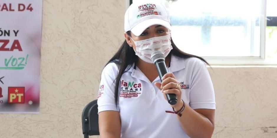 Blanca Merari Tziu, candidata de la alianza PVEM, Morena y Partido del Trabajo a la alcaldía de Puerto Morelos, Quintana Roo.
