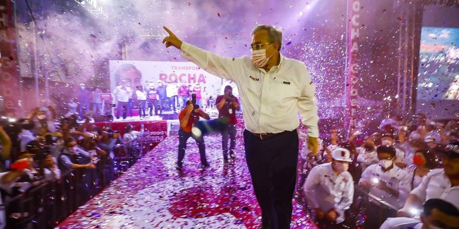 Rocha Moya durante el cierre de su campaña, el 2 de junio.