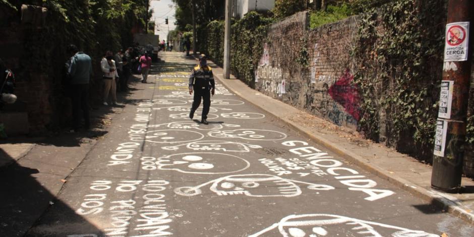 Si pintaron diversos mensajes sobre el asfalto de la calle frente a la casa de Luis Echeverría .