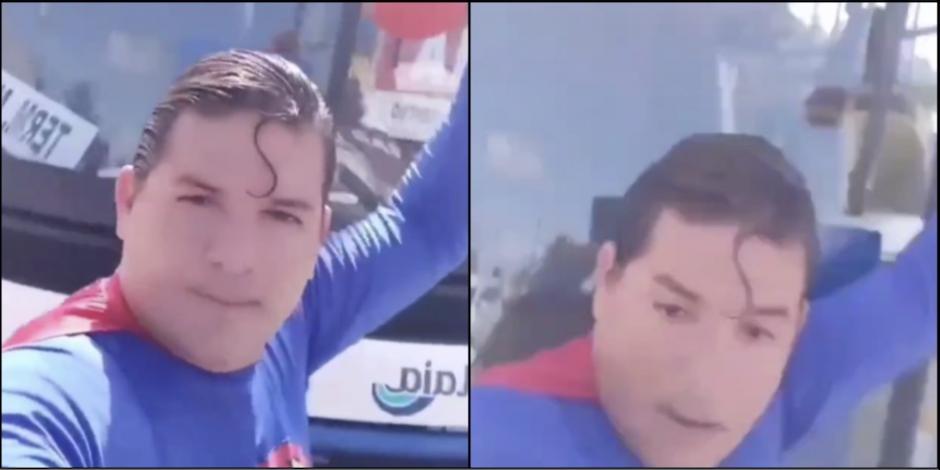 Comediante disfrazado de Supermán intenta detener un autobús. Foto: Especial