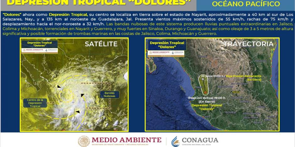Conagua informa que "Dolores" bajó a depresión tropical.
