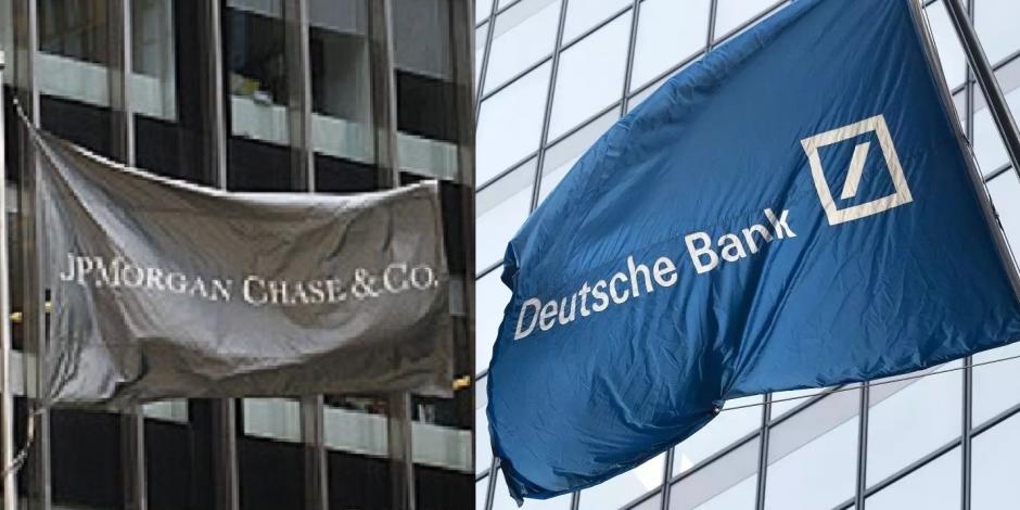 Banderas de los bancos JP Morgan y Deutsche Bank.