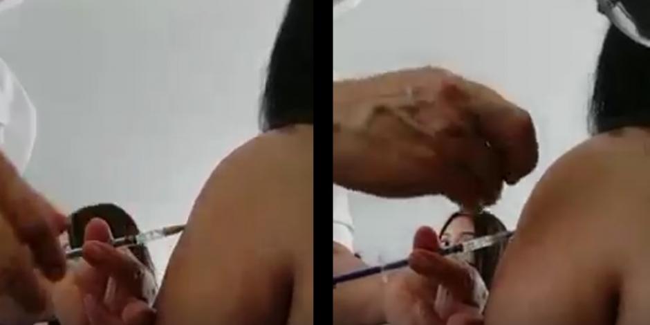 Con la canción "Miénteme" de Luis Miguel de fondo, la enfermera le aplica un pinchazo pero sin la vacuna