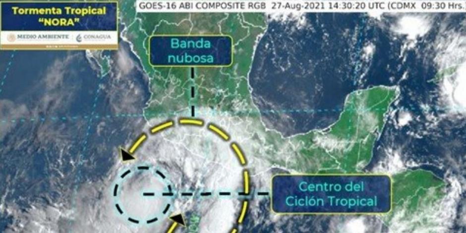 La tormenta tropical Nora continúa paralela a costas nacionales, ahora a 400 km al sur de Manzanillo, en Colima, informa Conagua.