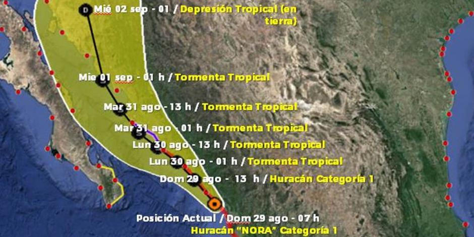 Se espera que el huracán "Nora" degrade en depresión tropical para el jueves 2 de septiembre.