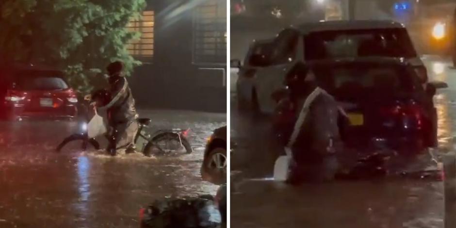 El repartidor llevó el pedido de comida en plena inundación, y la bicicleta no le sirvió de mucho