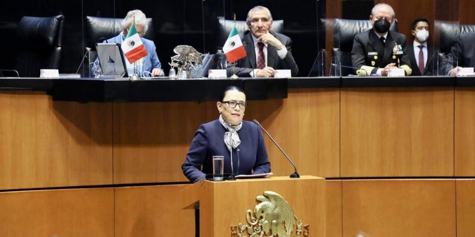 Rosa Icela Rodríguez durante su comparecencia en el Senado de la República.