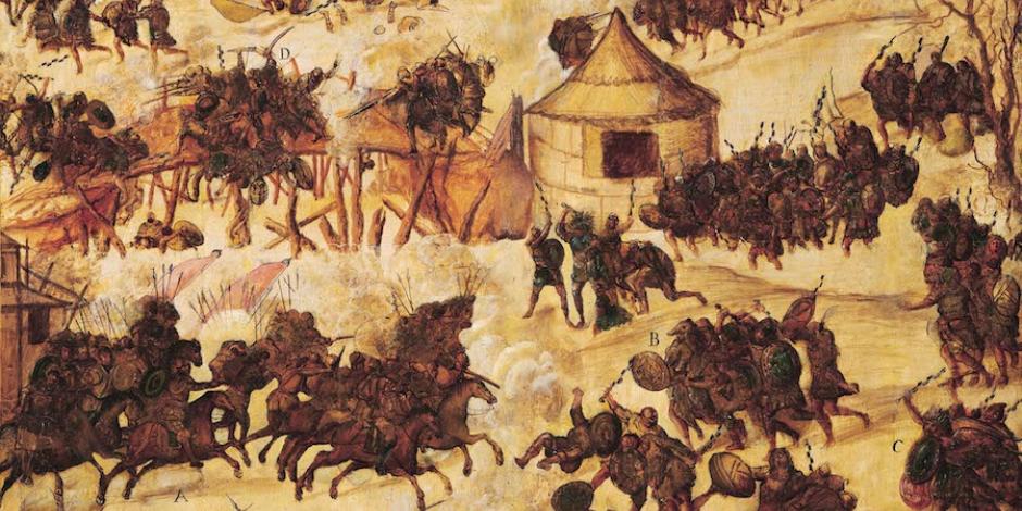 La batalla de Zempoala, de la serie La conquista de México. Tablero policromado, laquedado y con embutidos de concha nácar.