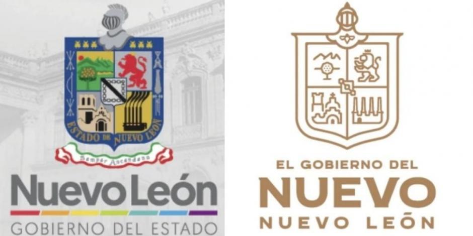 A la izquierda el anterior escudo de Nuevo León; a la derecha el nuevo, representativo de la gestión de Samuel García.
