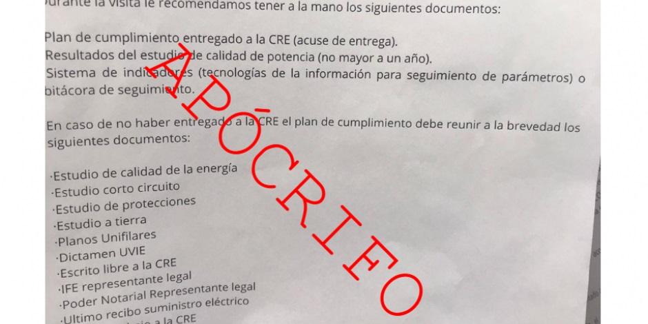 La CRE difundió una carta falsa enviada a usuarios del Sistema Eléctrico Nacional.