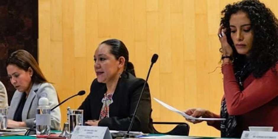 La titular de SEMARNAT, 
María Luisa Albores, durante su comparecencia ante Comisiones de Medio Ambiente y Recursos Naturales y de Cambio Climático y Sustentabilidad de la Cámara de Diputados 