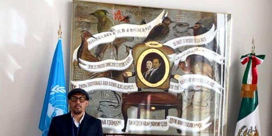 La obra de Amador Montes resalta el apotegma de Benito Juárez, “El respeto al derecho ajeno es la paz”.