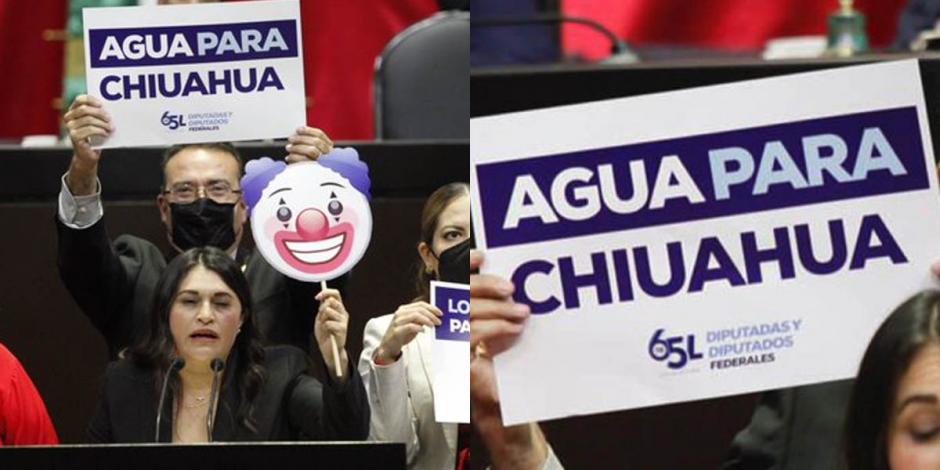 Carmen Rocío González, diputada federal del PAN, mostró un emoticono impreso de payaso; detrás de ella un cartel decía "Agua para 'Chiuahua'".