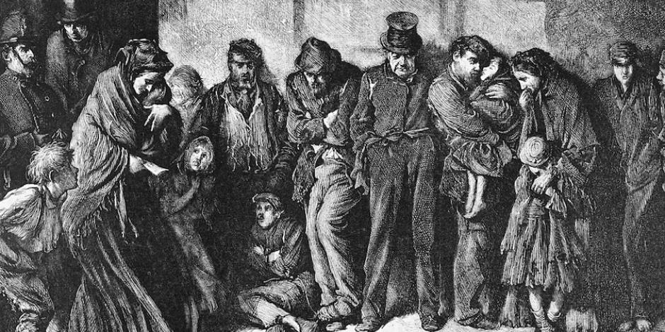 Luke Fildes, Sin casa y hambrientos, grabado a partir de Charles Dickens, 1869.
