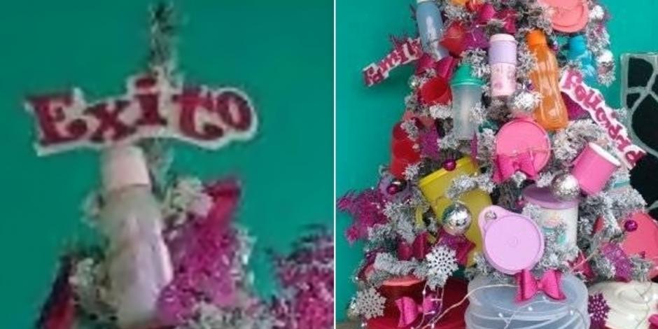 Mujer muestra en Facebook su árbol de Navidad decorado con muchos tuppers
