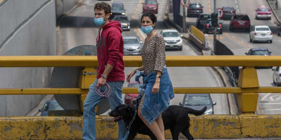 COVID-19: Un hombre y una mujer con cubrebocas para protegerse del coronavirus, caminan sobre un paso a desnivel de la CDMX con un perro
