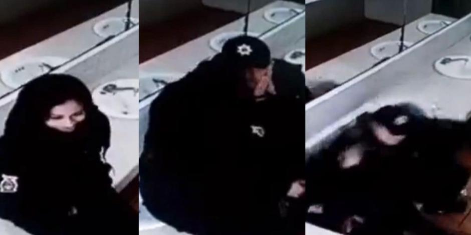Una pareja de policías derrumbó el lavamanos de un baño público mientras se besaban.