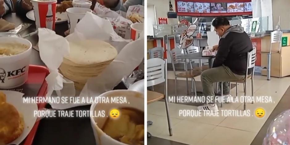 Joven se sienta a comer alejado de su familia porque llevaron tortillas a un KFC