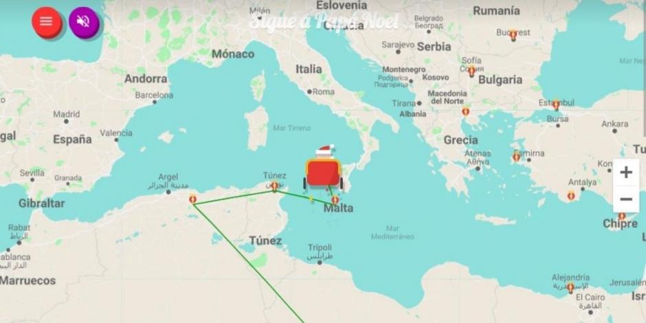 Captura de pantalla del mapa interactivo para monitorear la travesía de Santa Claus.