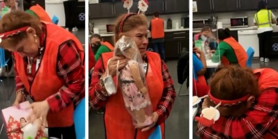 Mujer llora al recibir la primera muñeca de su vida.