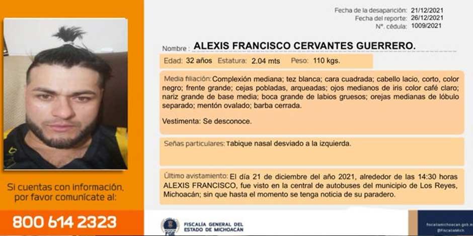 Imagen de la ficha para la localización del basquetbolista Alexis Cervantes,d esaparecido en Michoacán