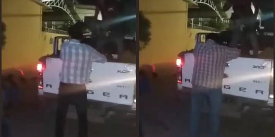 En redes sociales se publicó un video en el que se observa cómo los sujetos ordenan a una persona a pegarse a una camioneta blanca, para después pegarle.