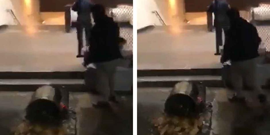 En el vídeo se observa la olla de tamales en el piso, mientras el policía entra a las instalaciones del metro.
