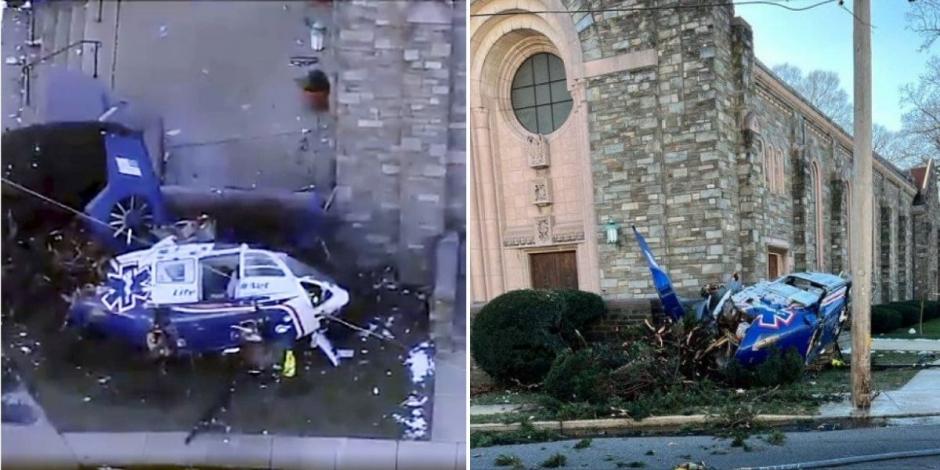Fotografías del helicóptero luego de impactarse contra una iglesia en Filadelfia, Estados Unidos.