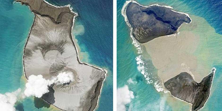 El antes y después del volcán Hunga-Tonga-Hunga-Ha’apai