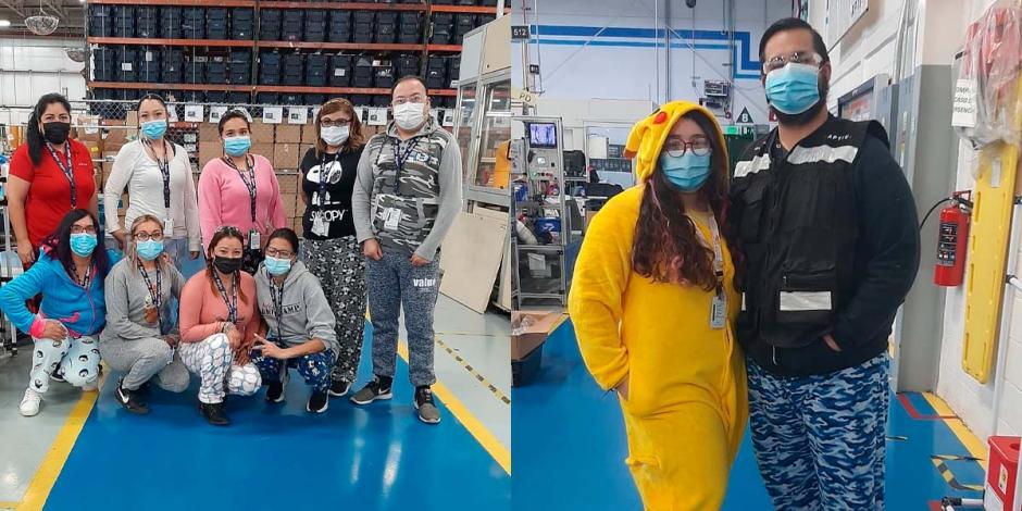 En las imágenes se puede ver a los empleados de Aptiv Saltillo lucir ropa propia para dormir o protegerse del frío