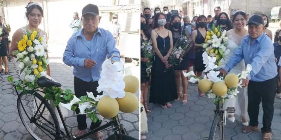En redes sociales se difundieron fotografías del padre mientras sostiene la bicicleta y posa con su hija el día de su boda.