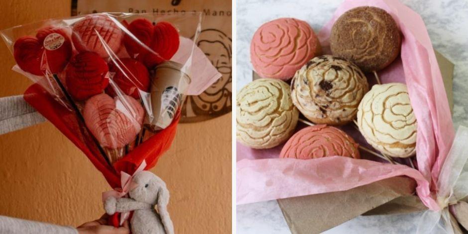 Panaderías locales realizan ramos personalizados de conchas con temática de amor.