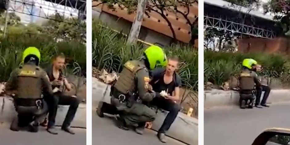 Un policía colombiano comparte su comida con una persona en situación de calle desde hace 2 años.