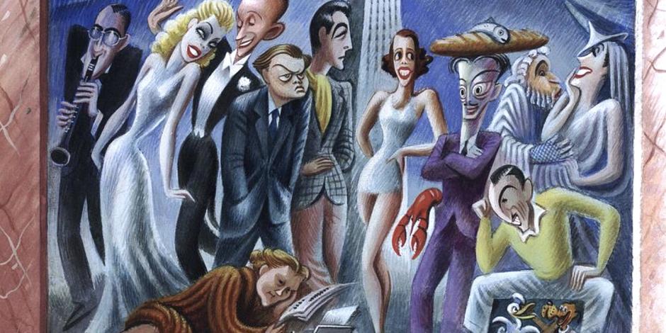 Miguel Covarrubias, celebridades de Estados Unidos: Benny Goodman, Ginger Rogers, Fred Astaire, Orson Welles, Robert Taylor, Salvador Dalí y (en el aire) Shirley Temple, entre otros, Vogue, 15 de mayo, 1938.