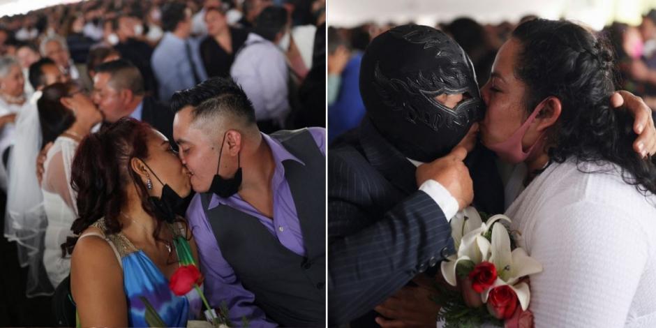 Fotografías de algunas parejas besándose tras casarse durante una boda masiva en Neza.