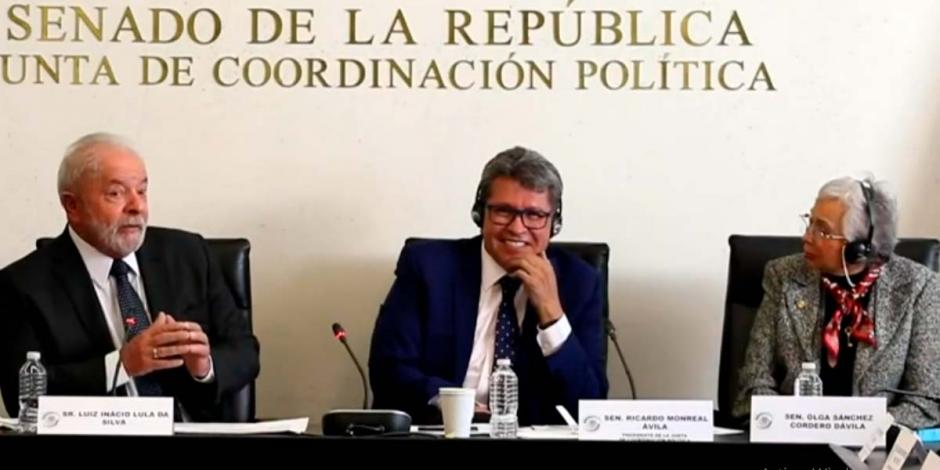 Luiz Inácio Lula da Silva, expresidente de Brasil, Ricardo Monreal, presidente de la Jucopo en el Senado, y Olga Sánchez Cordero, presidenta de la Mesa Directiva del Senado