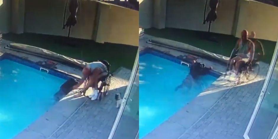 Un hombre en silla de ruedas rescató a su perro que cayó a la piscina.