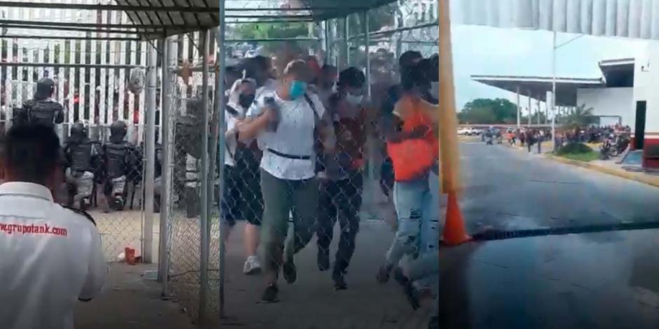 Migrantes entraron a las oficinas del INM en Ciudad Hidalgo, Chiapas, a pesar de las labores de contención de agentes de la Guardia Nacional