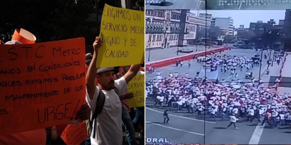 Trabajadores del Metro se manifiestan en el Zócalo; piden refacciones y servicios de salud.