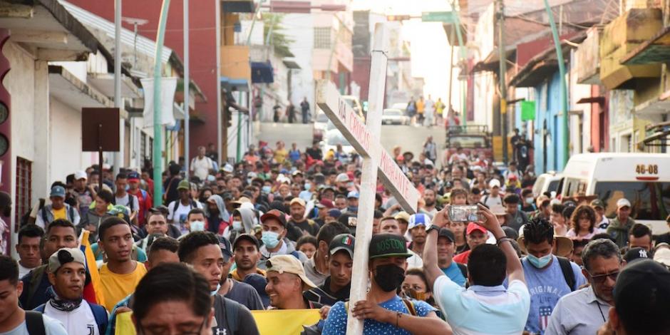 Contingente de indocumentados, durante una protesta en el centro de Tapachula, Chiapas, el viernes pasado.