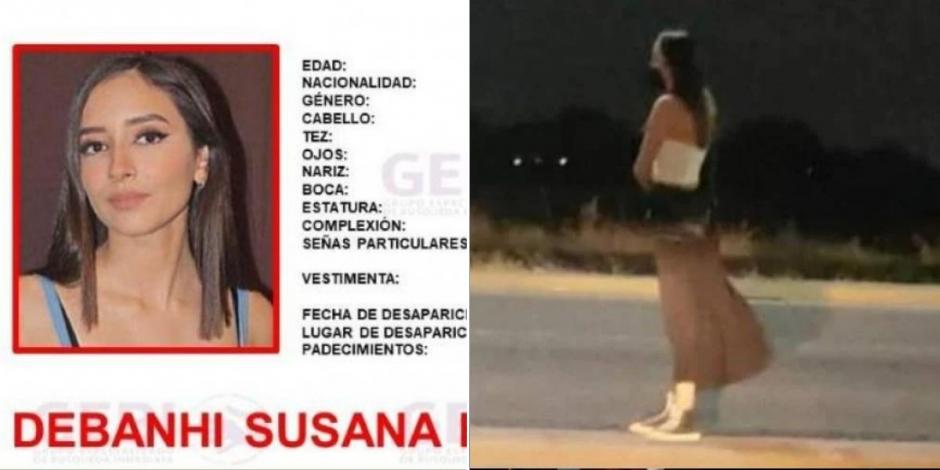 A la izquierda, parte de la ficha de búsqueda de Debanhi Susana Escobar Bazaldúa; a la derecha, la fotografía en la que la joven apareció por última vez.