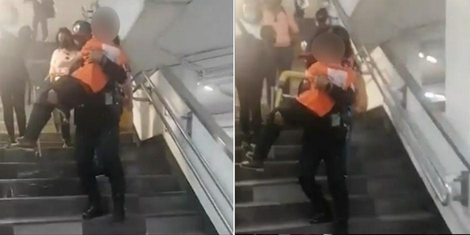 Metro CDMX: Policía ayuda a menor con dificultad para caminar a bajar escaleras.