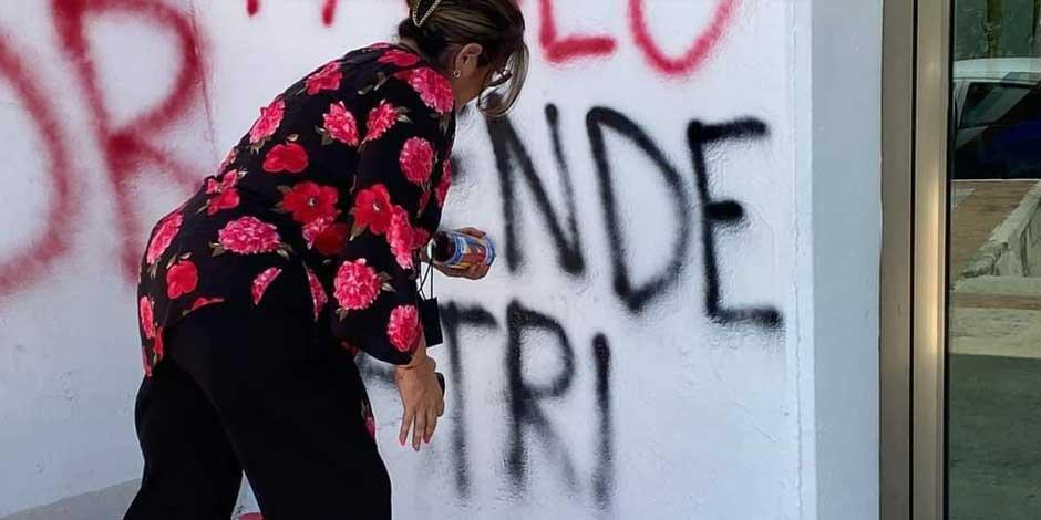 Diputada de Morena pinta instalaciones del PRI-Campeche durante protesta a  favor de la Reforma Eléctrica