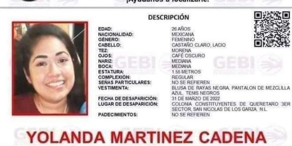 El reporte de búsqueda de Yolanda Martínez Cadena
