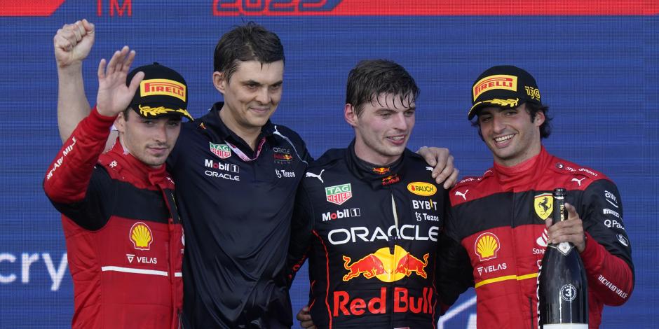 Charles Leclerc, Max Verstappen y Carlos Sainz festejan su podio en el Gran Premio de Miami de F1, el pasado 8 de mayo.