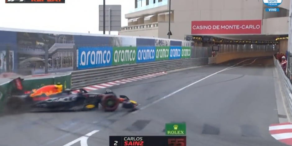 Momento exacto del choque de Checo Pérez en la clasificación del Gran Premio de Mónaco de F1.